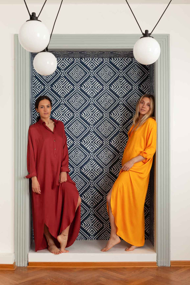 Stromboli Caftans in indian red and saffron yellow bamboo