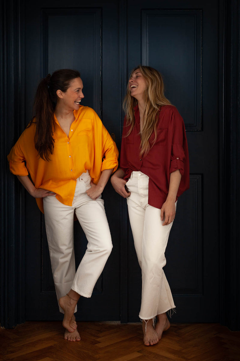 Vulcano Blouses in saffron yellow and indian red bamboo